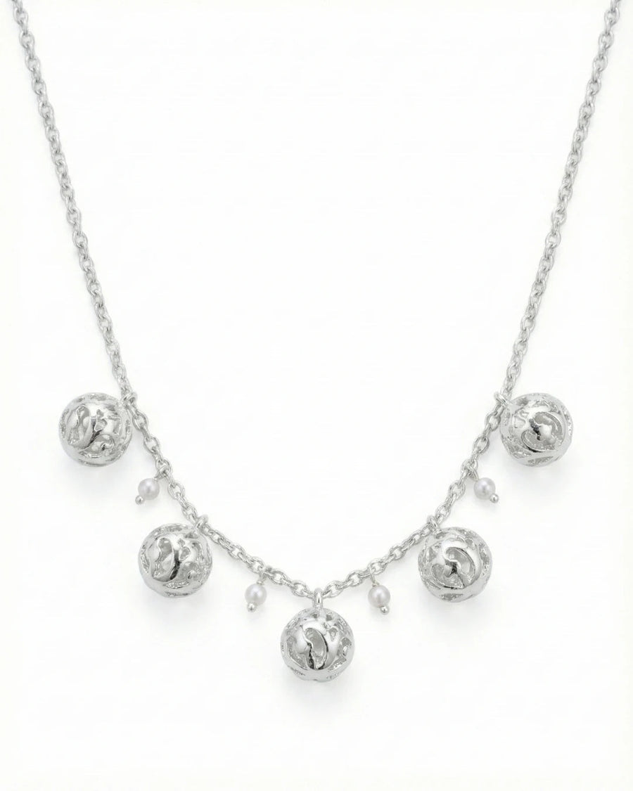 Golden Filigree Globe & Pearl Station Necklace – 925 Sterling Silver
