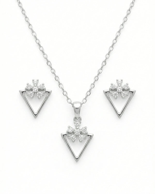 Silvonar 925 Sterling Silver Geometric Triangle & Floral Crystal Jewelry Set – Necklace and Earrings