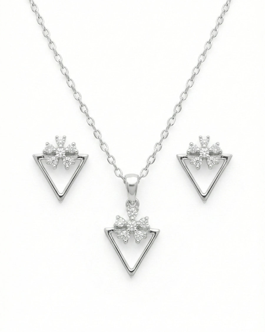 Silvonar 925 Sterling Silver Geometric Triangle & Floral Crystal Jewelry Set – Necklace and Earrings