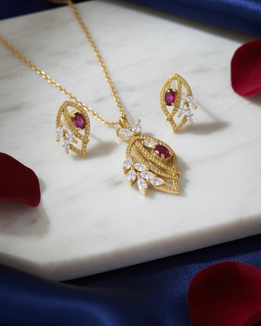 Silvonar 925 Sterling Silver Jewelry Set – Royal Ruby & Crystal Leaf Design