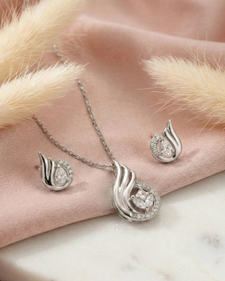 Silvonar 925 Sterling Silver Graceful Teardrop & Marquise Crystal Jewelry Set – Pendant Necklace and Earrings