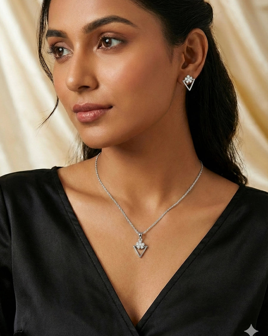 Silvonar 925 Sterling Silver Geometric Triangle & Floral Crystal Jewelry Set – Necklace and Earrings