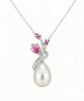 Ruby Bloom Teardrop Pearl Necklace – 925 Sterling Silver Floral Pendant for Women