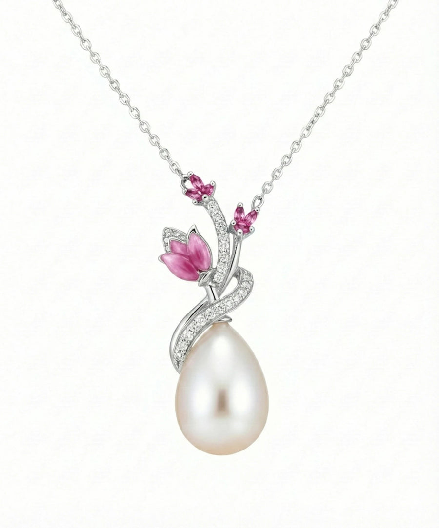 Ruby Bloom Teardrop Pearl Necklace – 925 Sterling Silver Floral Pendant for Women