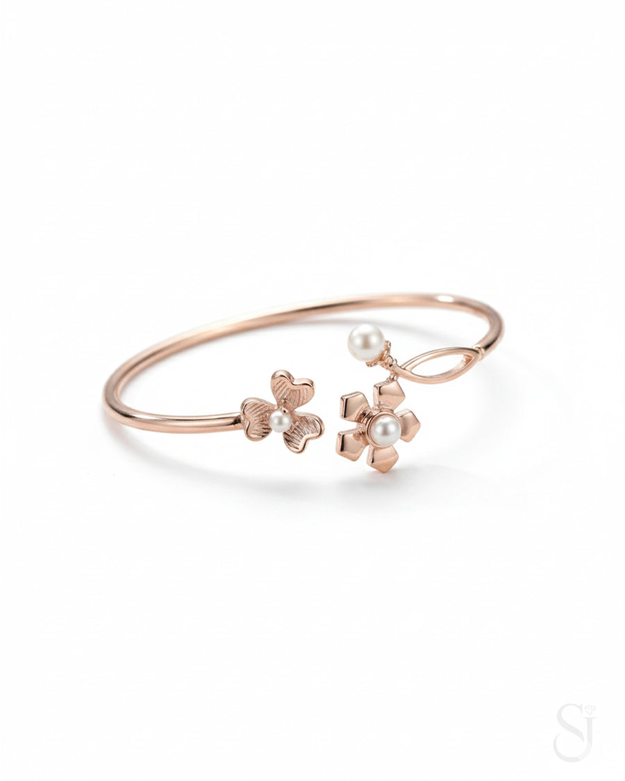 Pearl Floral Bloom Bangle - 925 Sterling Silver Adjustable Bracelet for Women