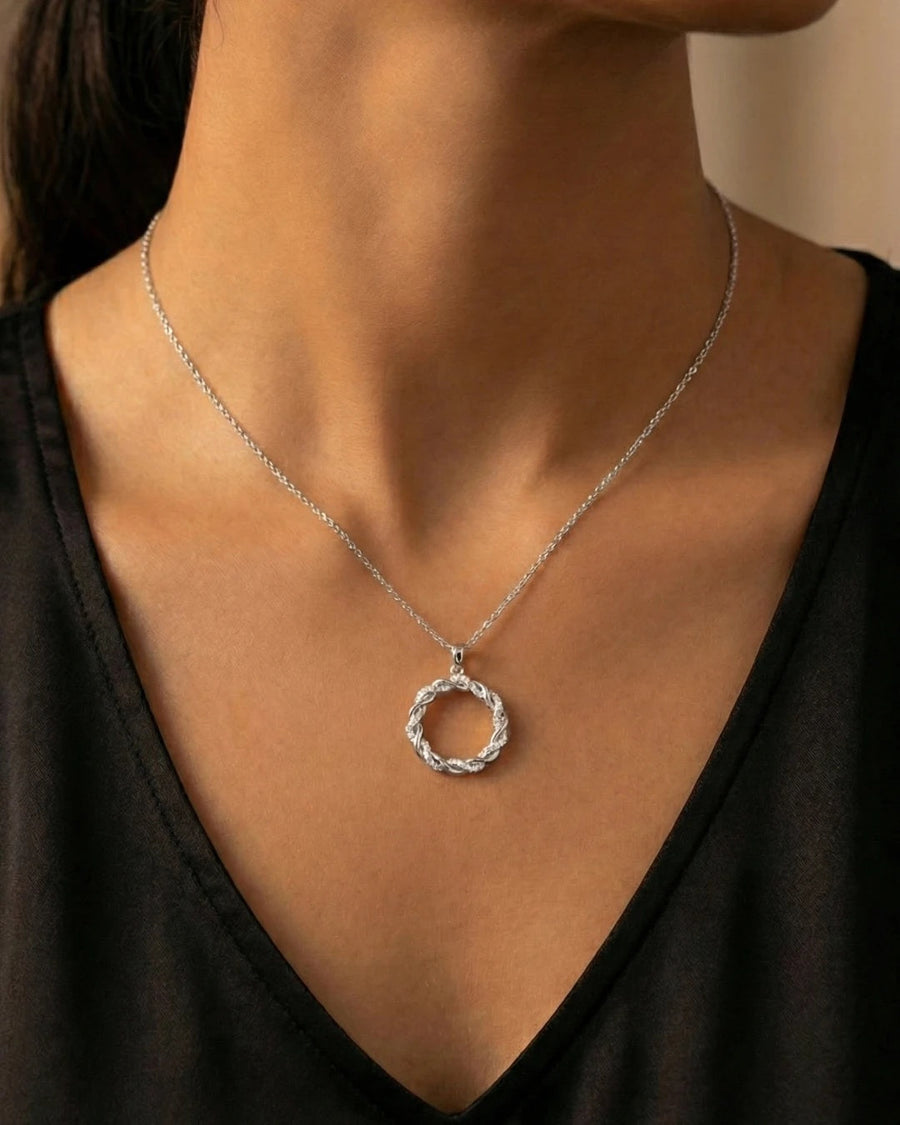 Entwined Halo Pavé Circle Necklace – 925 Sterling Silver