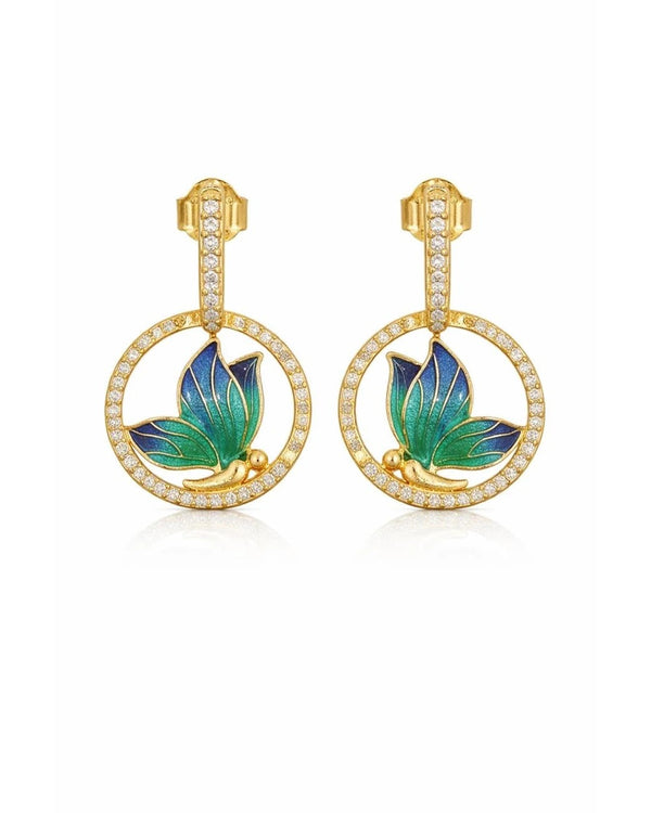 Emerald Glaze Butterfly Halo Earrings – 925 Sterling Silver