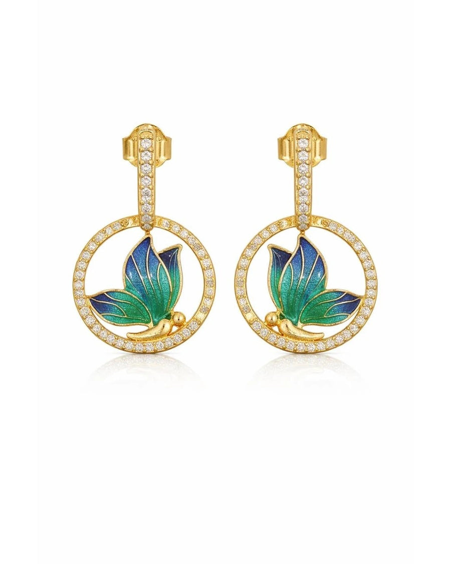 Emerald Glaze Butterfly Halo Earrings – 925 Sterling Silver