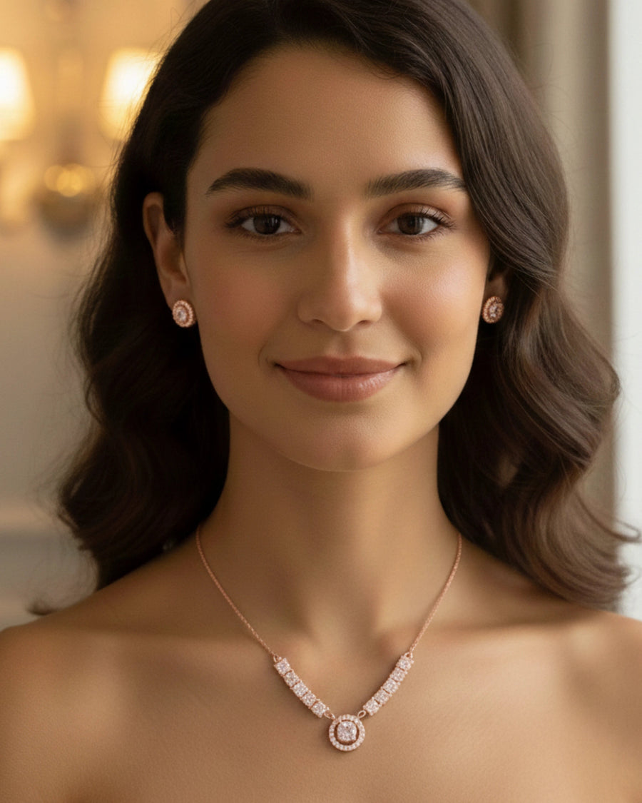 Silvonar 925 Sterling Silver Jewelry Set – [Dazzling Halo & Curved Crystal Bar Design]