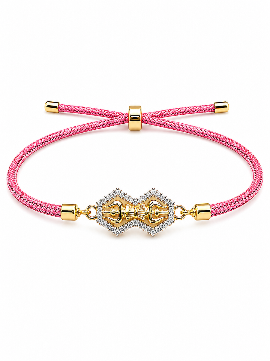 925 Sterling Silver Gold-Plated Shankh Charm Adjustable Pink Thread Bracelet for Women