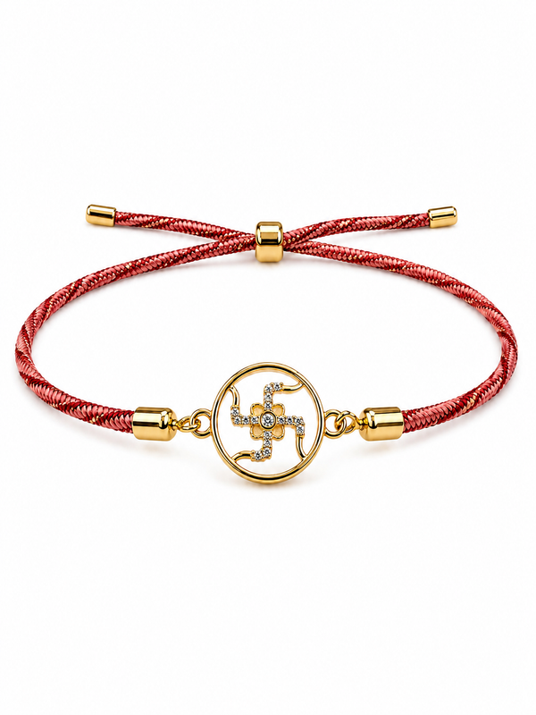 925 Sterling Silver Gold-Plated Swastik Charm Bracelet with adjustable red thread