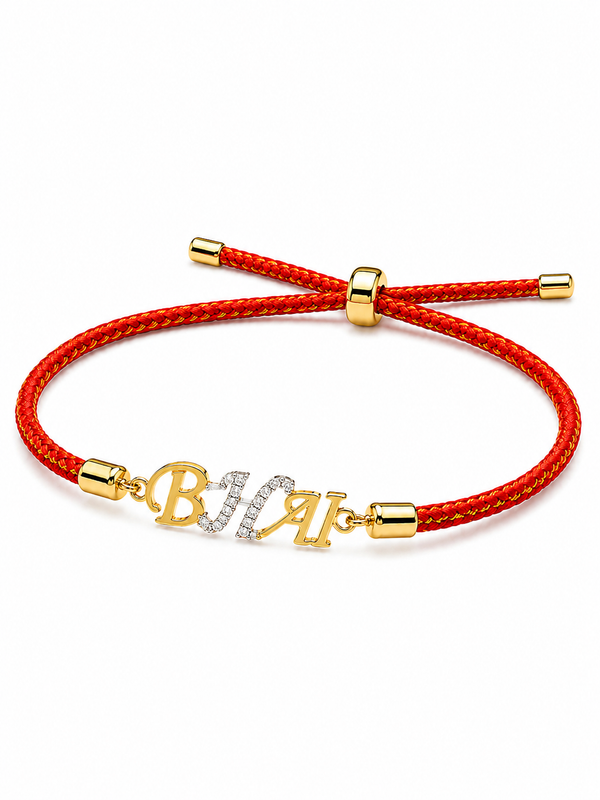 925 Sterling Silver Gold-Plated BHAI Charm Rakhi with red braided thread — front view