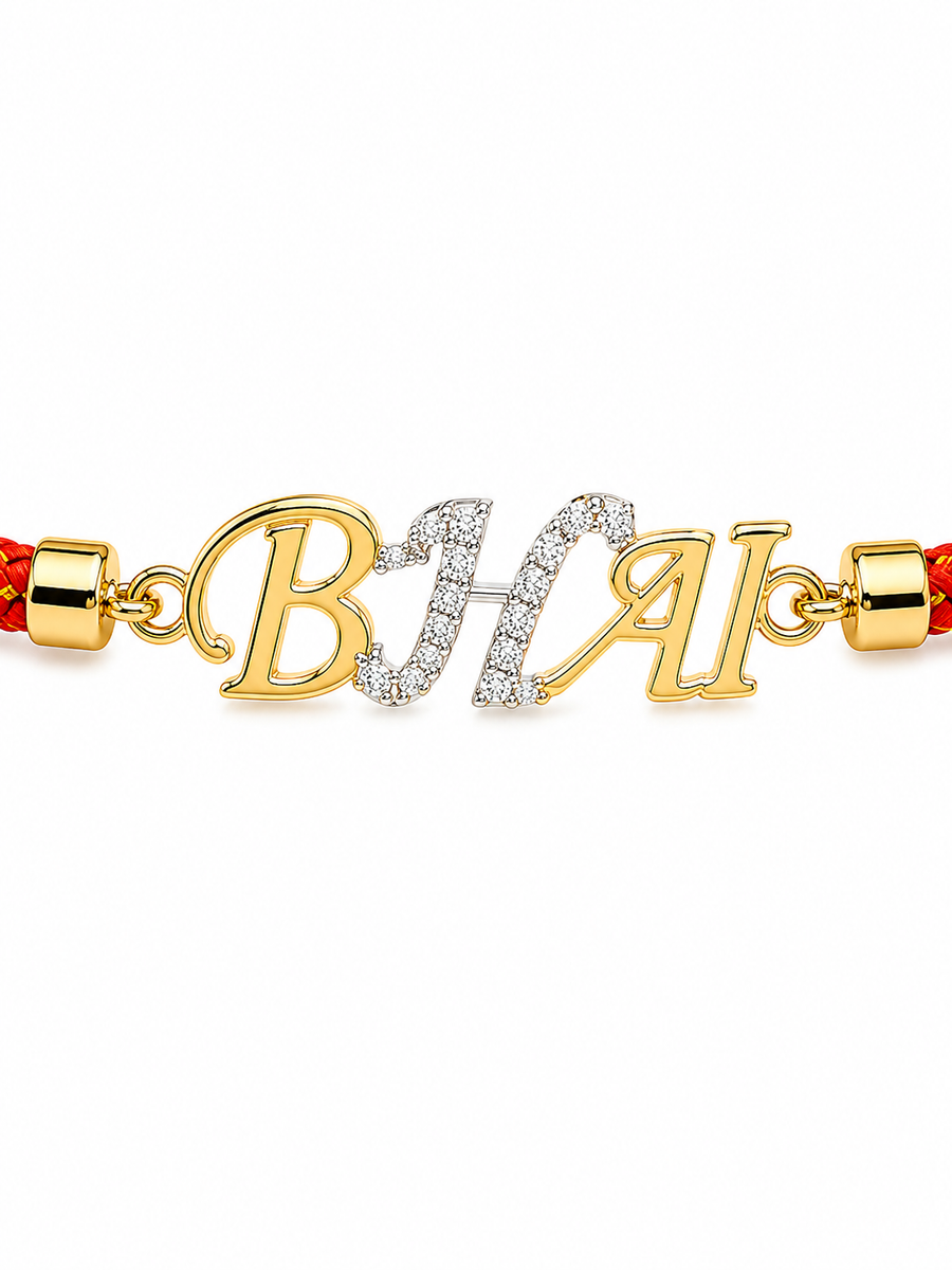 925 Sterling Silver Gold-Plated BHAI Charm Rakhi — close-up of the CZ-studded BHAI script charm