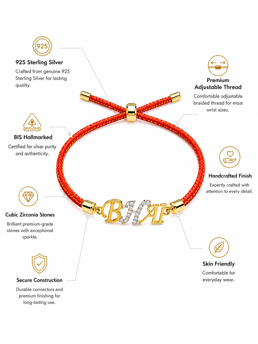 925 Sterling Silver Gold-Plated BHAI Charm Rakhi with red braided thread, product photo on white background