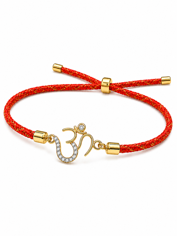 925 Sterling Silver Gold-Plated Om Charm Rakhi with red braided thread — front view