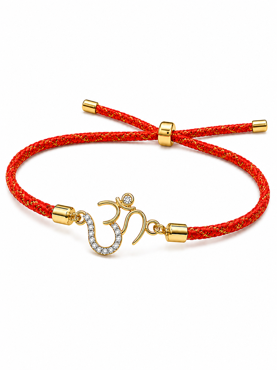 925 Sterling Silver Gold-Plated Om Charm Rakhi with red braided thread — front view