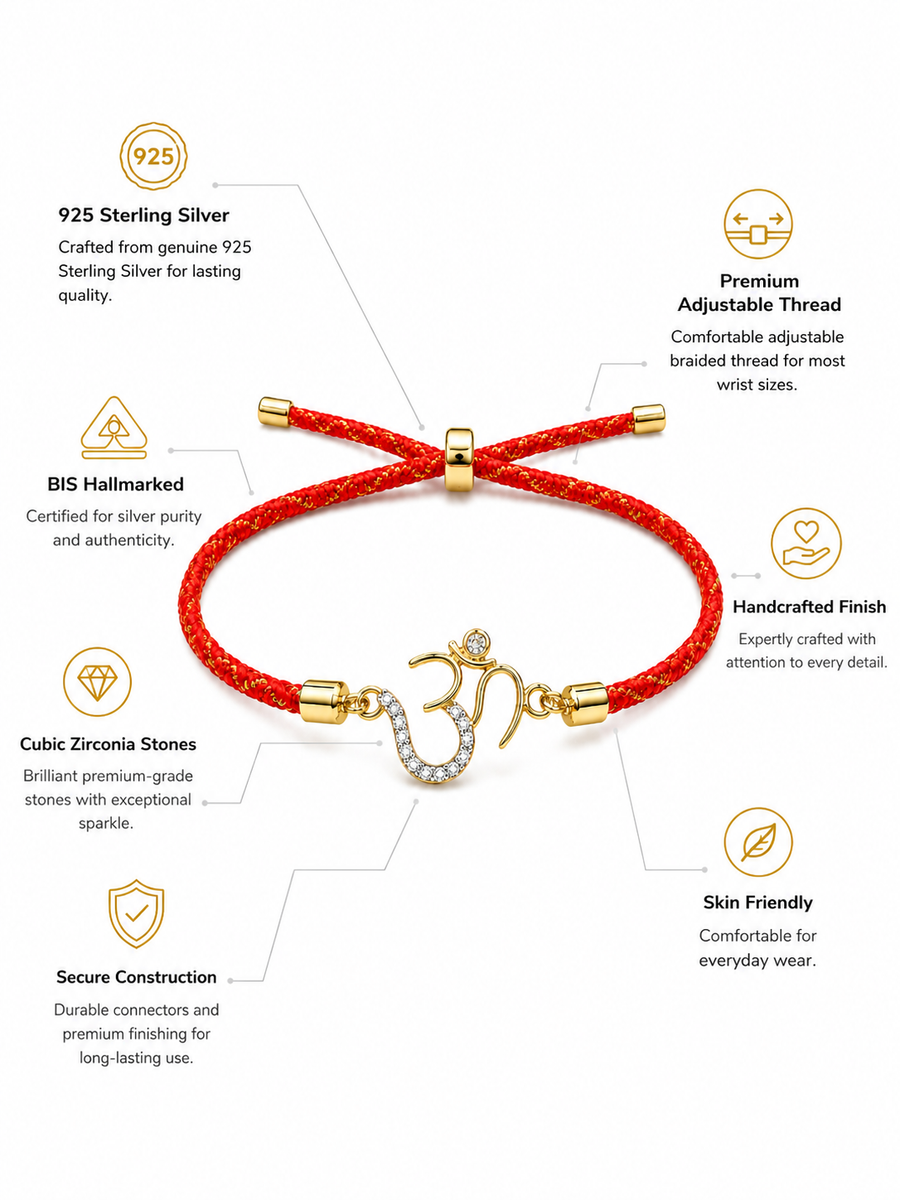 925 Sterling Silver Gold-Plated Om Charm Rakhi with red braided thread, product photo on white background