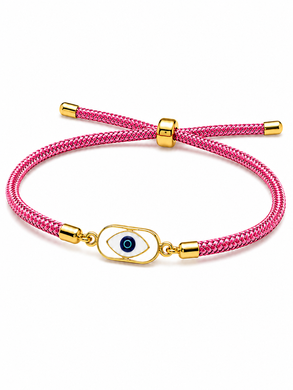 925 Sterling Silver Gold-Plated Evil Eye Rakhi with pink braided thread — front view