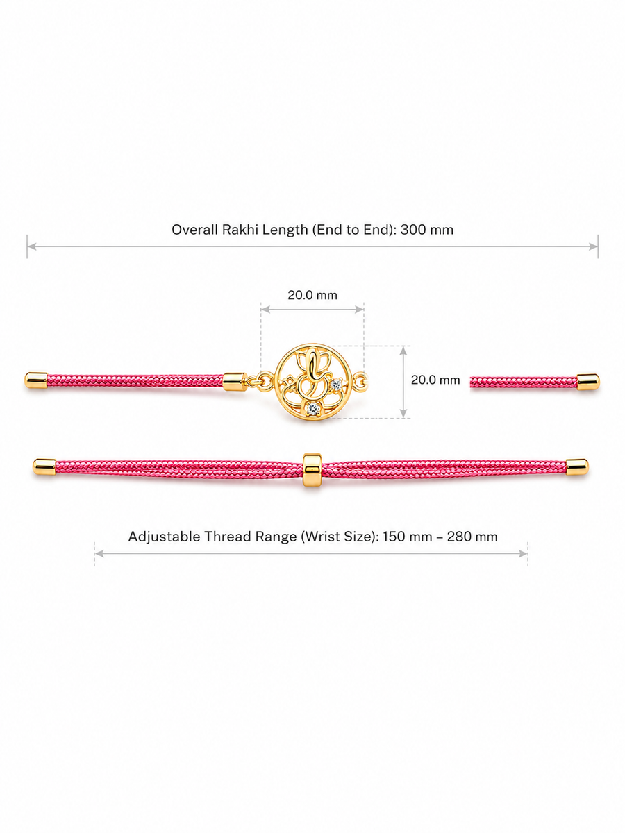 925 Sterling Silver Gold-Plated Ganesha Charm Rakhi with pink braided thread, product photo on white background