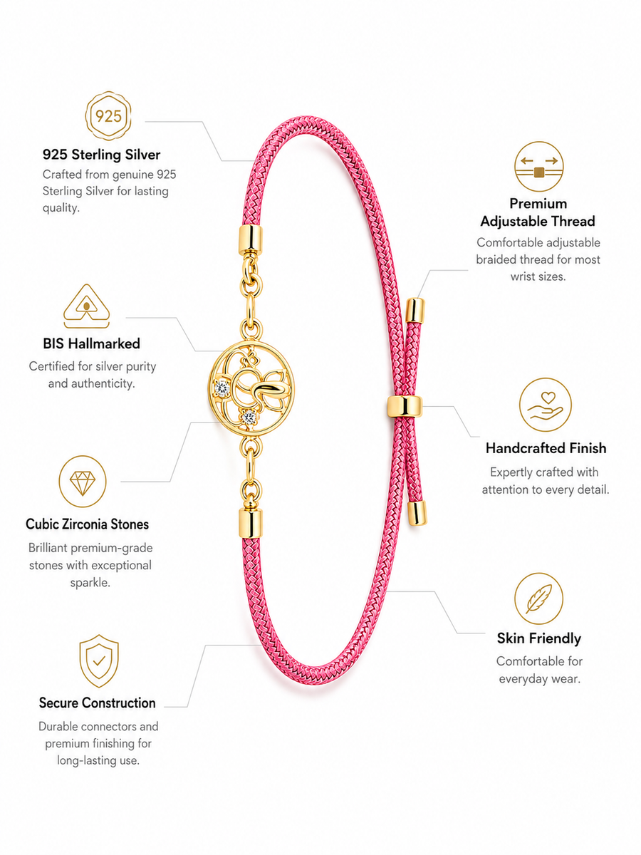 925 Sterling Silver Gold-Plated Ganesha Charm Rakhi with pink braided thread — side view