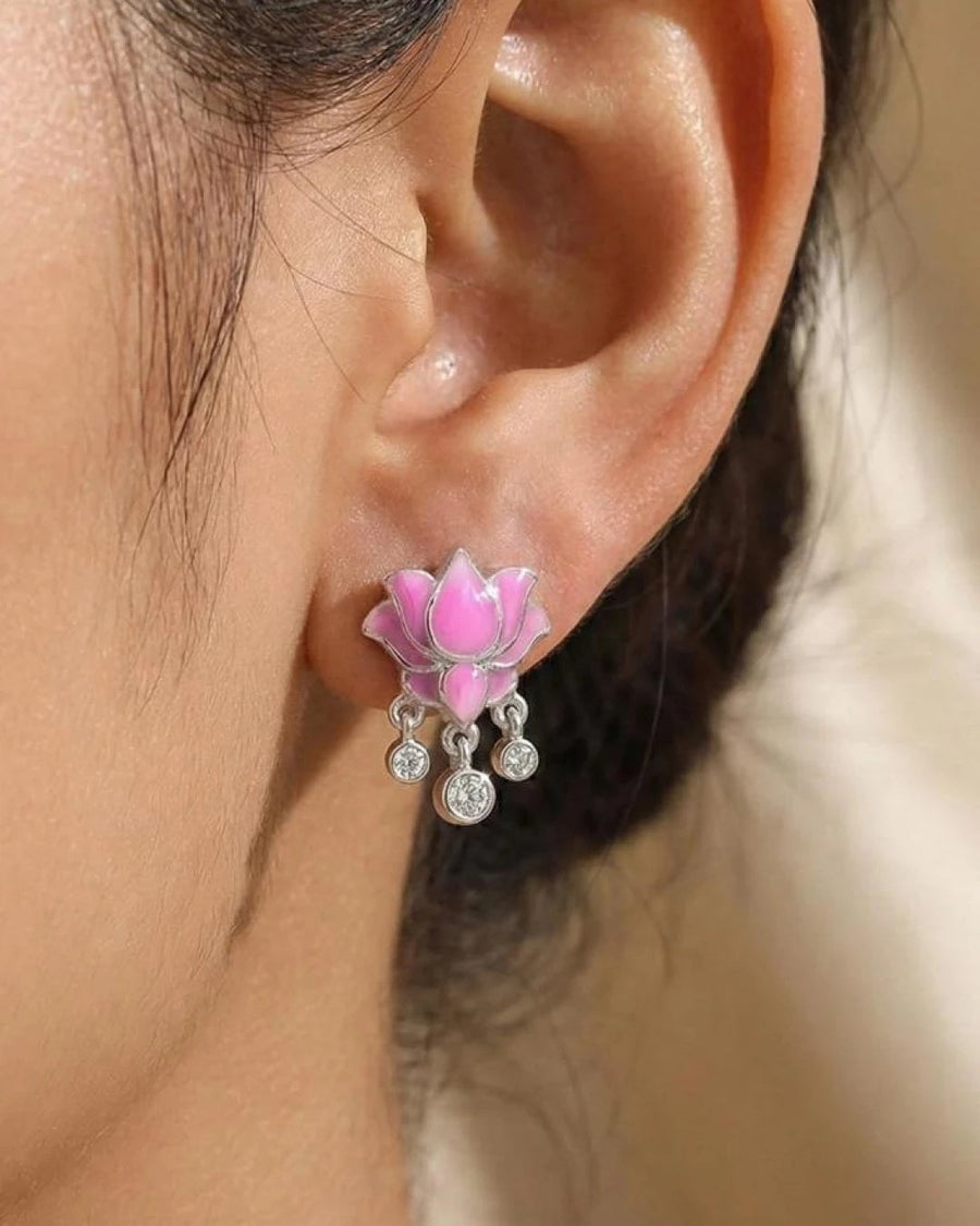 Graceful Lotus Blossom Enamel Studs – 925 Sterling Silver