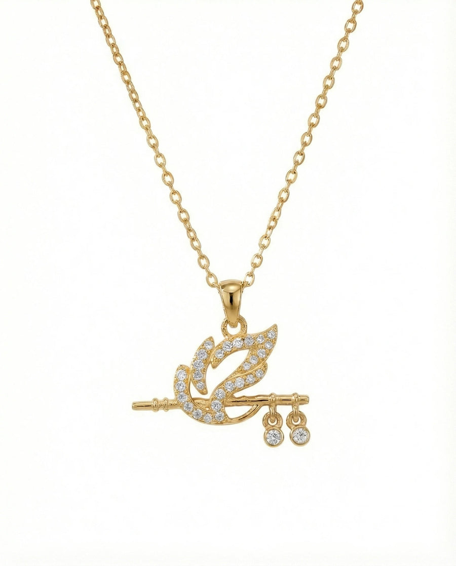 Divine Krishna Flute & Peacock Feather Necklace – 925 Sterling Silver Zircon Pendant