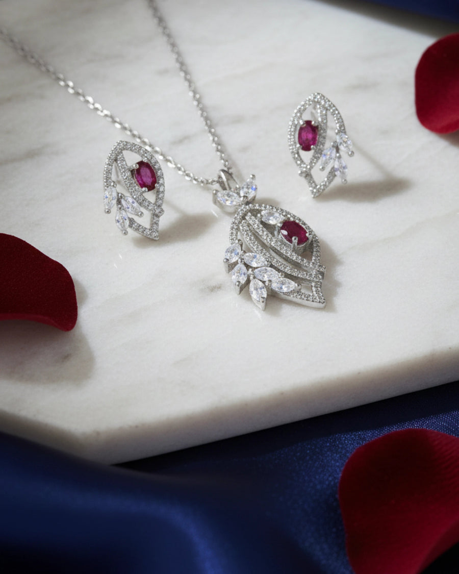 Silvonar 925 Sterling Silver Jewelry Set – Royal Ruby & Crystal Leaf Design