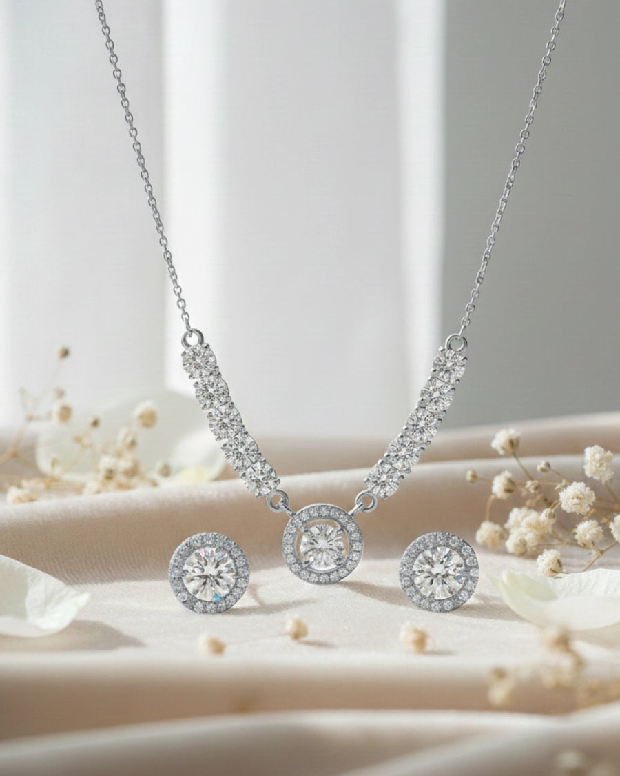 Silvonar 925 Sterling Silver Jewelry Set – [Dazzling Halo & Curved Crystal Bar Design]