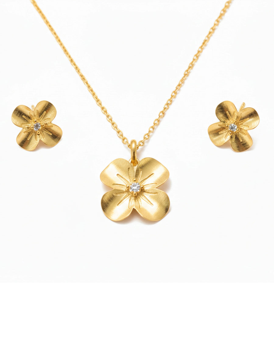 Silvonar 925 Sterling Silver Jewelry Set – [Brushed Four-Petal Blossom Design]