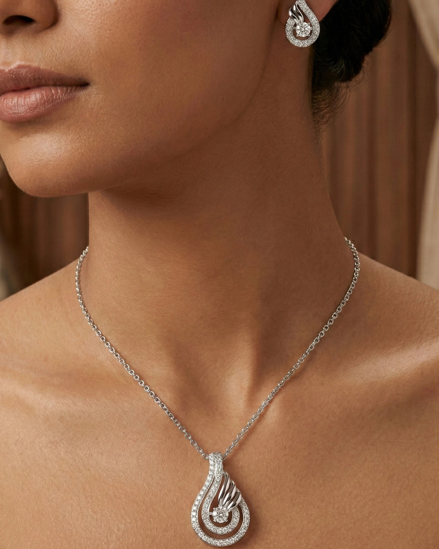 Silvonar 925 Sterling Silver Jewelry Set – [Celestial Teardrop & Swirling Halo Design]