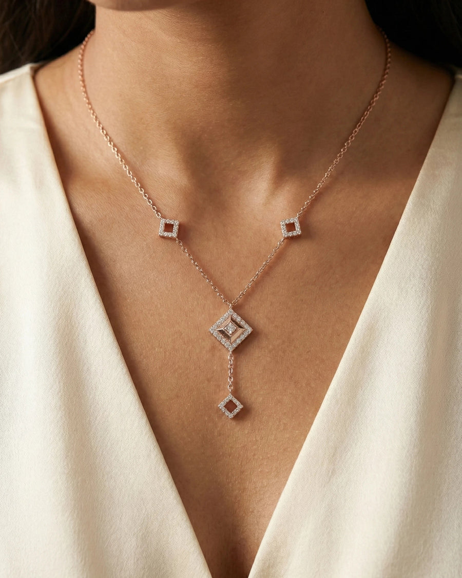 Imperial Geometric Diamond-Drop Necklace – 925 Sterling Silver