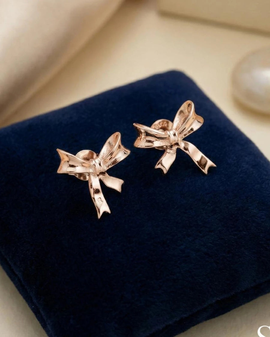 Polished Ribbon Bow Stud Earrings – 925 Sterling Silver