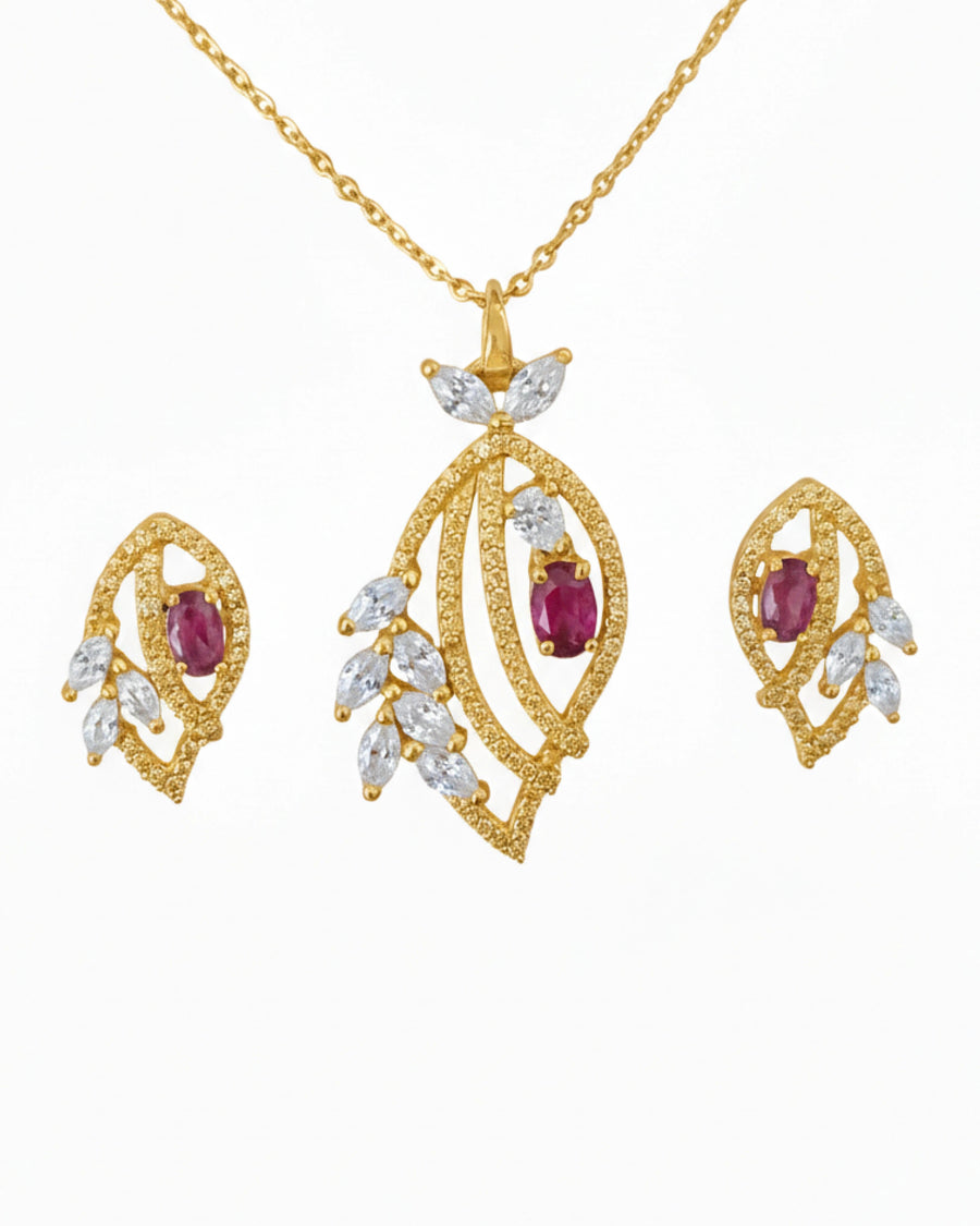Silvonar 925 Sterling Silver Jewelry Set – Royal Ruby & Crystal Leaf Design