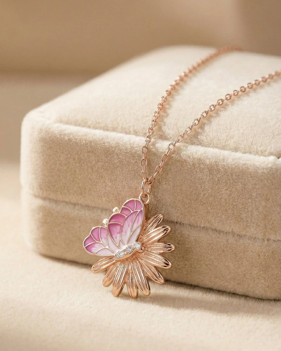 Pink Meadow Butterfly & Daisy Pendant – 925 Sterling Silver