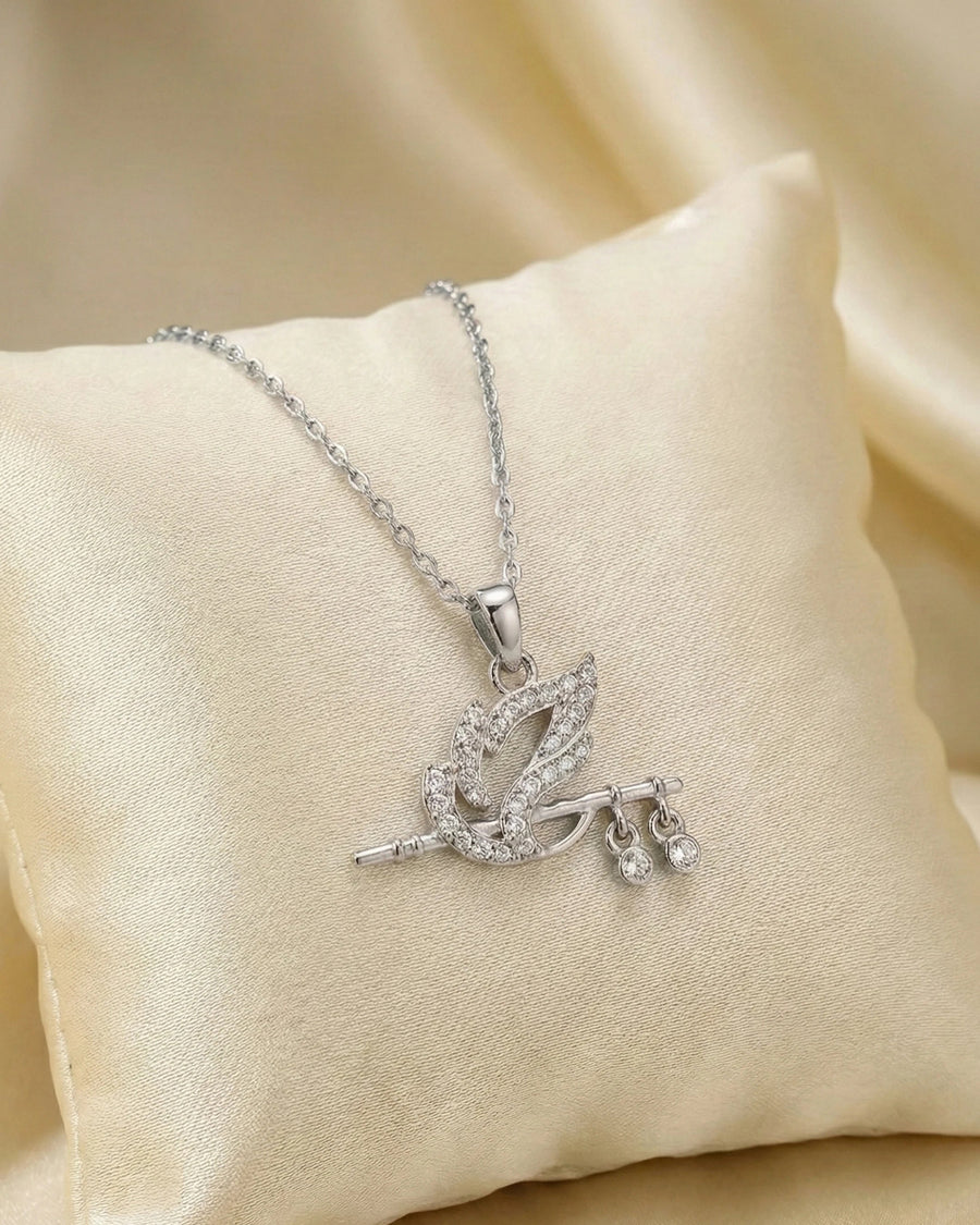 Divine Krishna Flute & Peacock Feather Necklace – 925 Sterling Silver Zircon Pendant