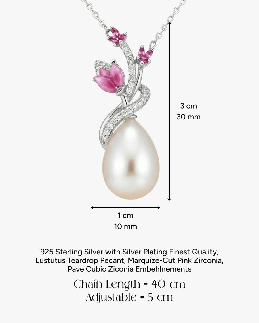 Ruby Bloom Teardrop Pearl Necklace – 925 Sterling Silver Floral Pendant for Women