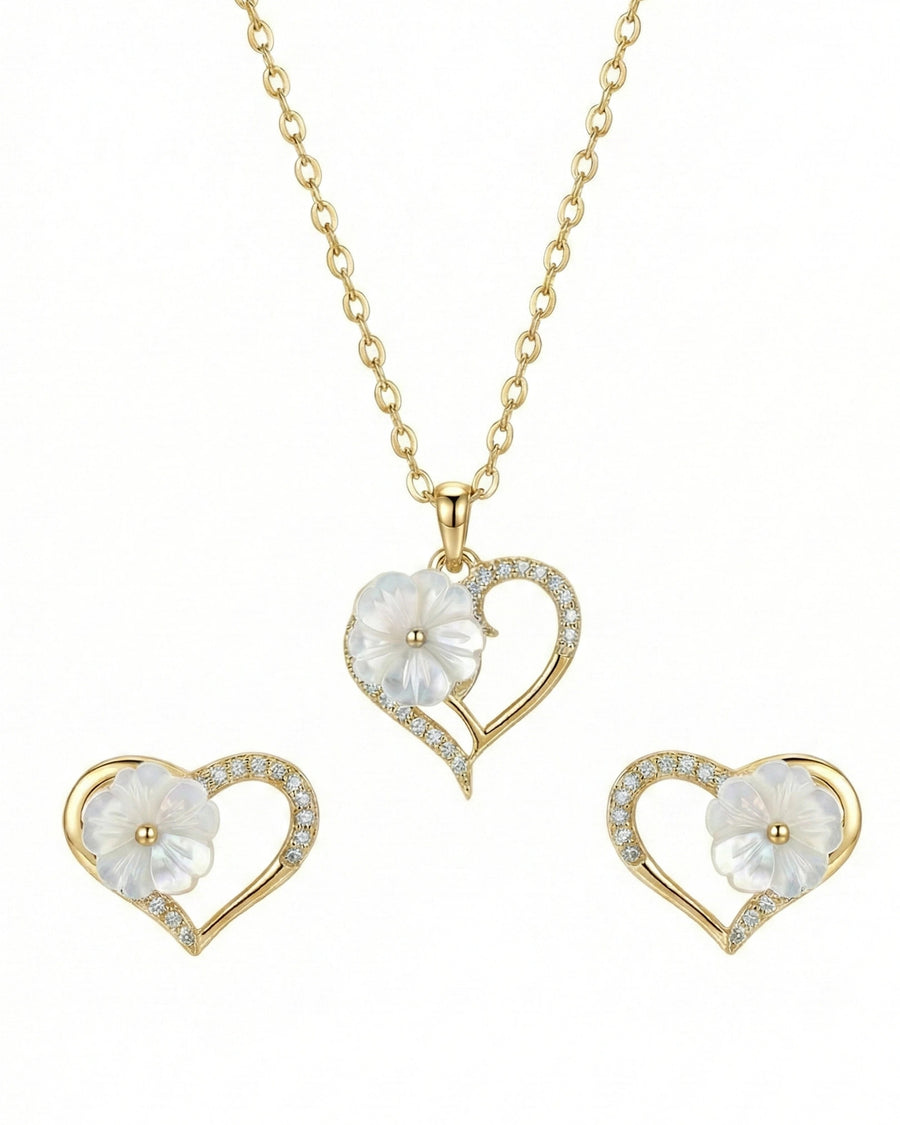 Silvonar 925 Sterling Silver Heart & Mother-of-Pearl Flower Jewelry Set – Romantic Necklace and Earrings