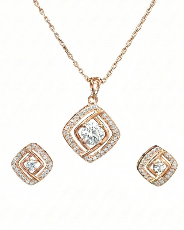 Silvonar Gold Plated 925 Sterling Silver Radiant Square Halo Jewelry Set – Pendant Necklace & Stud Earrings