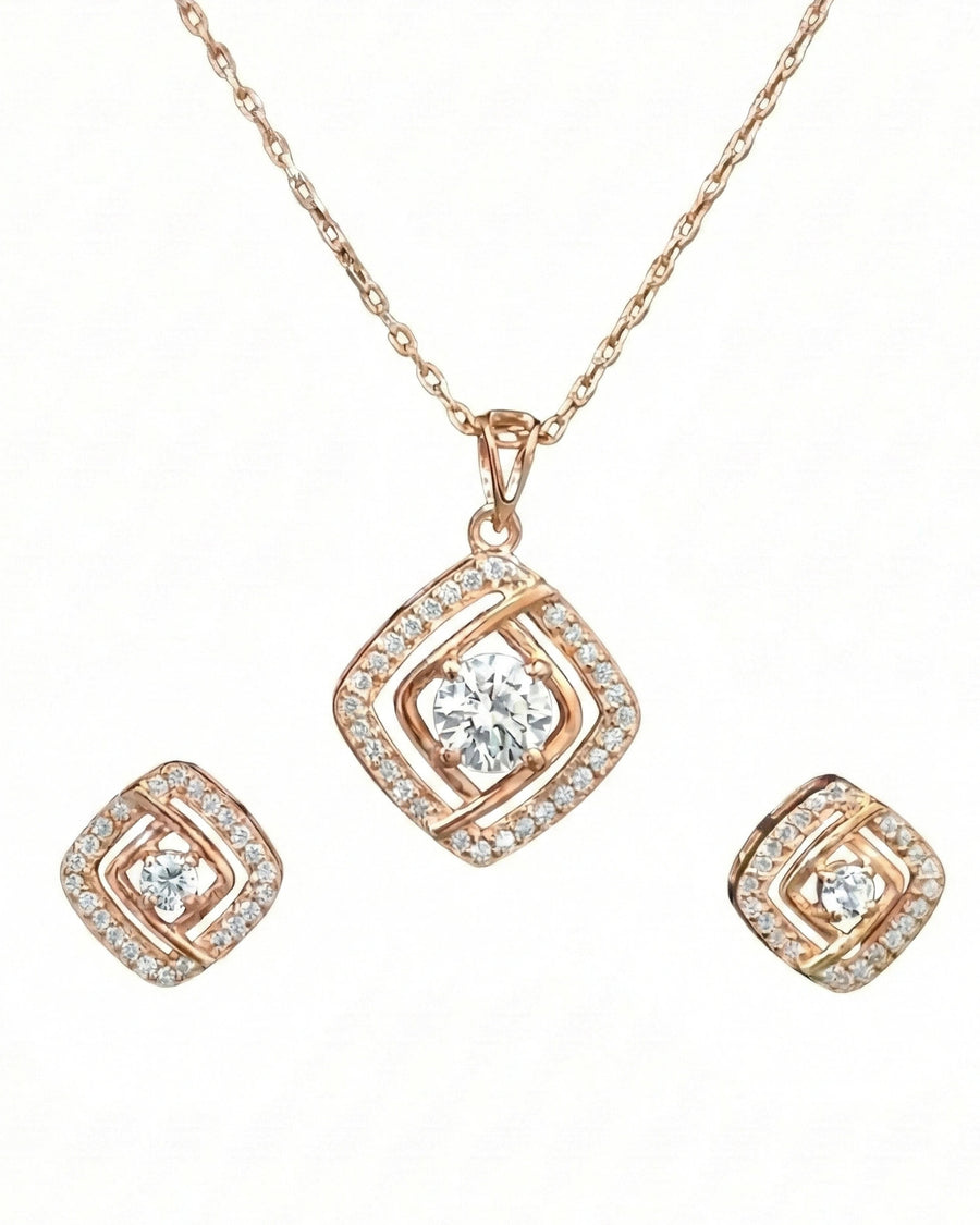 Silvonar Gold Plated 925 Sterling Silver Radiant Square Halo Jewelry Set – Pendant Necklace & Stud Earrings