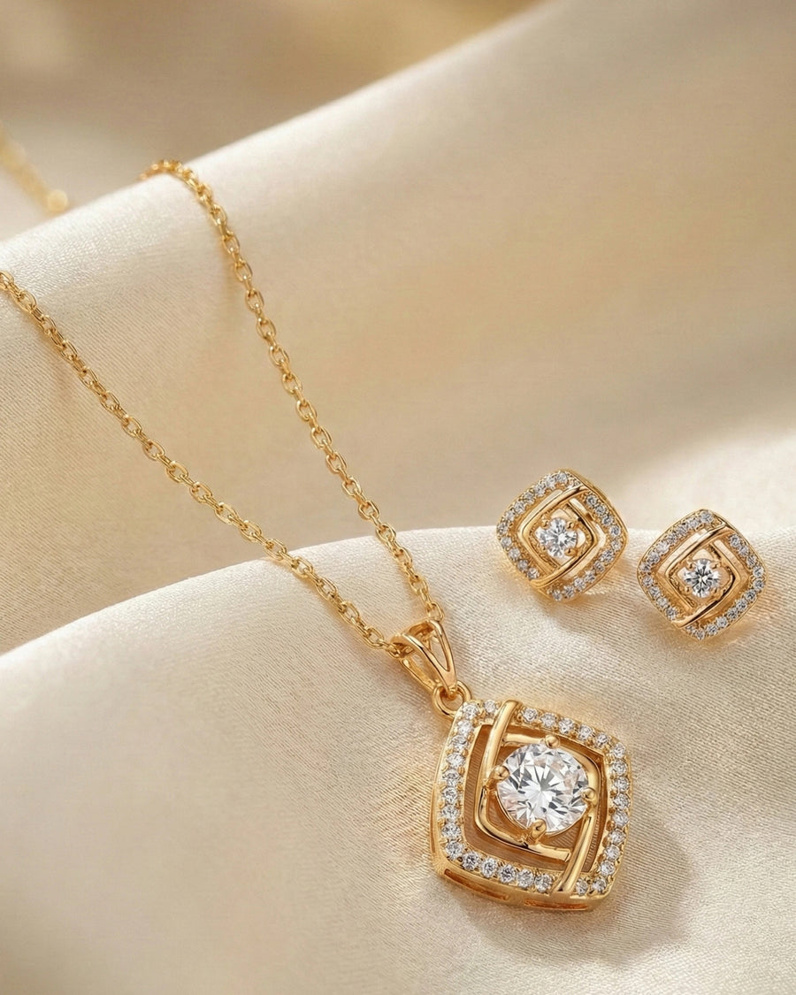 Silvonar Gold Plated 925 Sterling Silver Radiant Square Halo Jewelry Set – Pendant Necklace & Stud Earrings