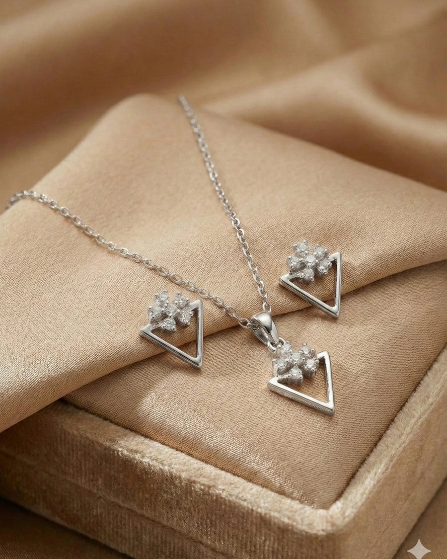 Silvonar 925 Sterling Silver Geometric Triangle & Floral Crystal Jewelry Set – Necklace and Earrings