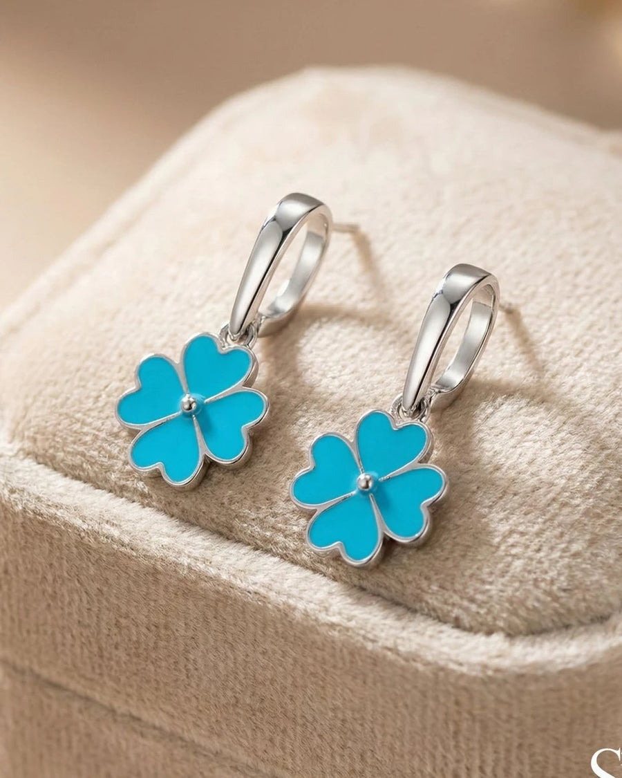 Azure Clover Enamel Drop Earrings – 925 Sterling Silver