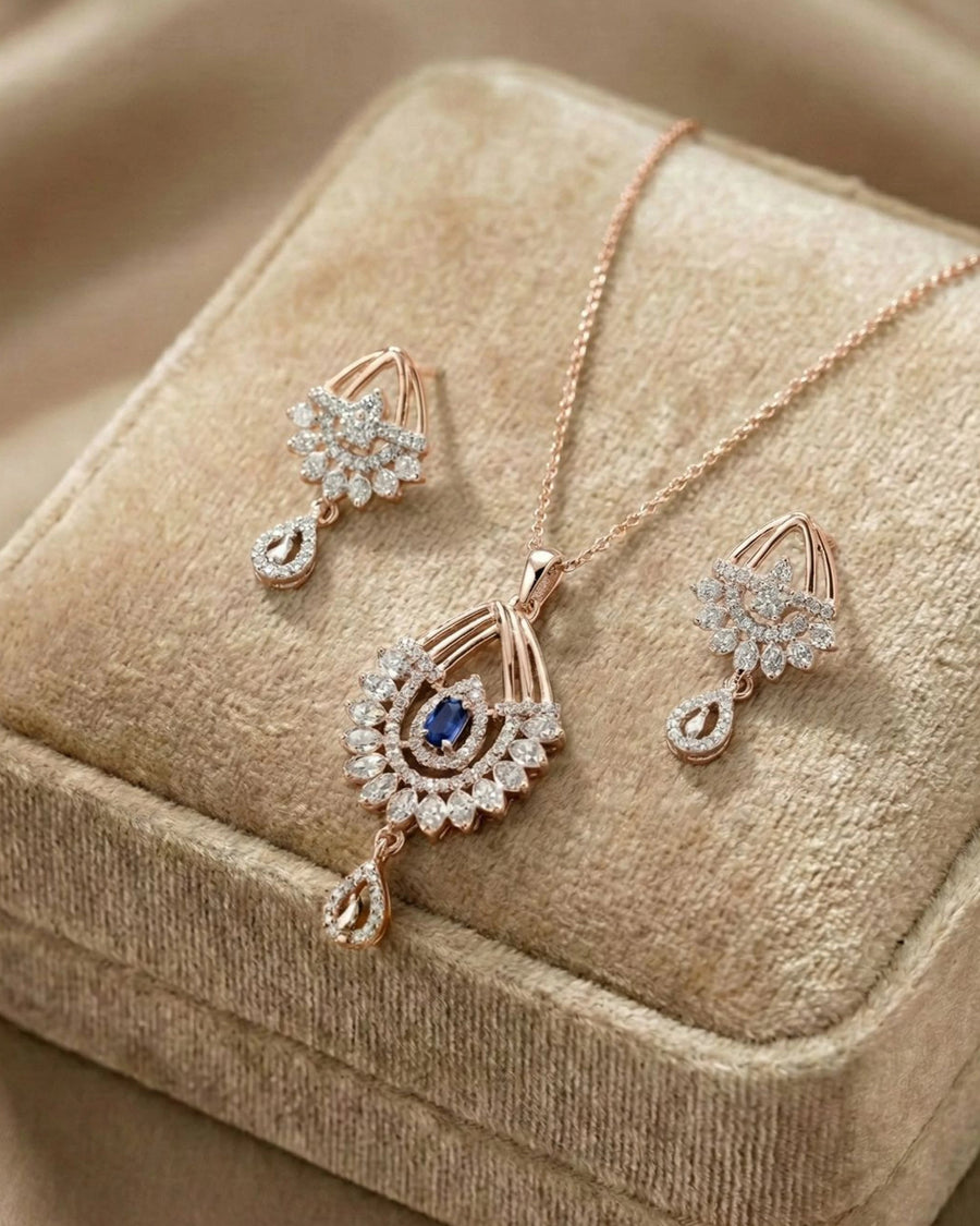 Silvonar 925 Sterling Silver Jewelry Set – [Royal Sapphire & Chandelier Halo Design]