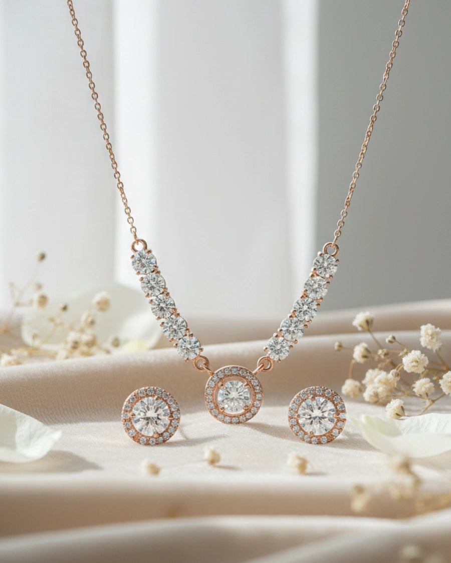 Silvonar 925 Sterling Silver Jewelry Set – [Dazzling Halo & Curved Crystal Bar Design]