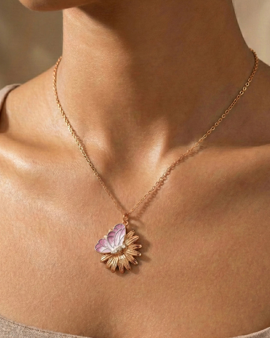 Pink Meadow Butterfly & Daisy Pendant – 925 Sterling Silver