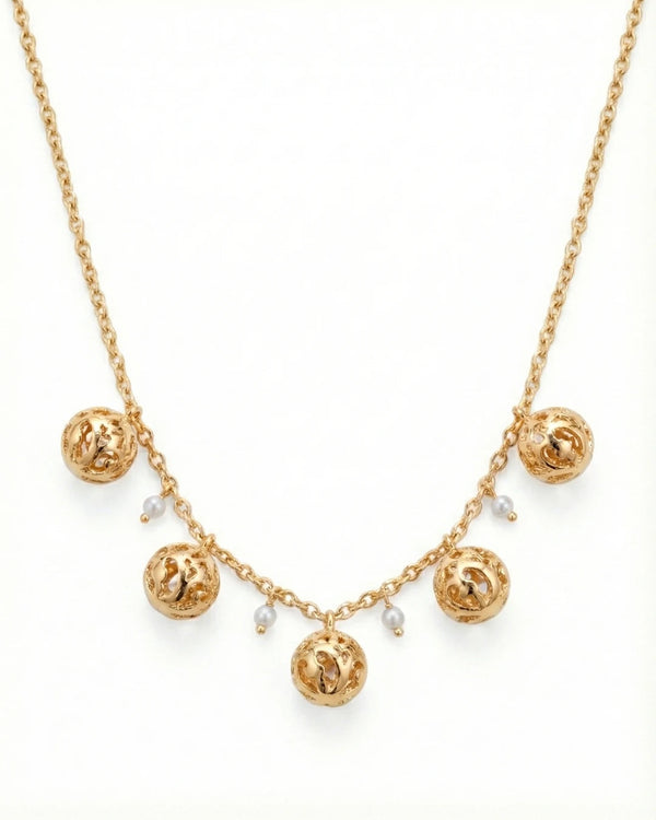 Golden Filigree Globe & Pearl Station Necklace – 925 Sterling Silver