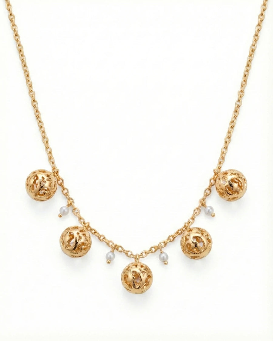 Golden Filigree Globe & Pearl Station Necklace – 925 Sterling Silver