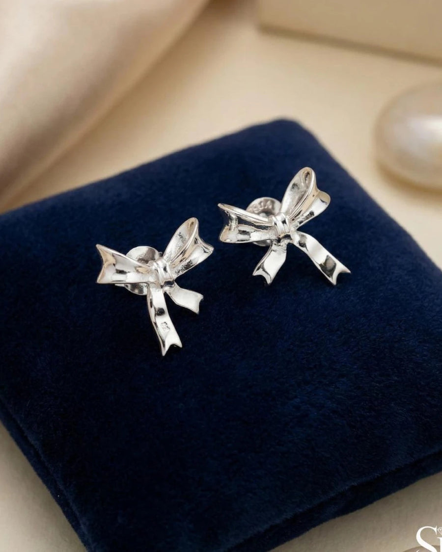 Polished Ribbon Bow Stud Earrings – 925 Sterling Silver