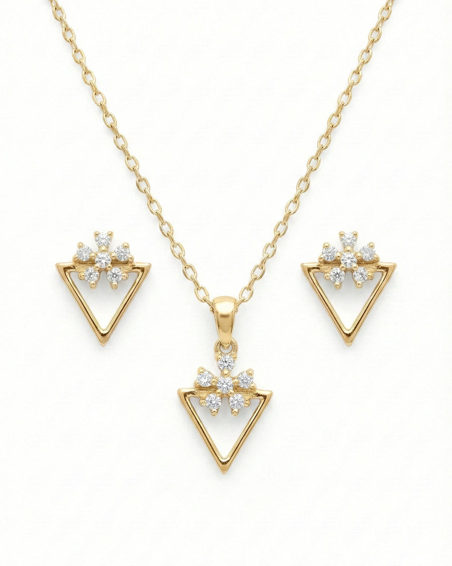 Silvonar 925 Sterling Silver Geometric Triangle & Floral Crystal Jewelry Set – Necklace and Earrings