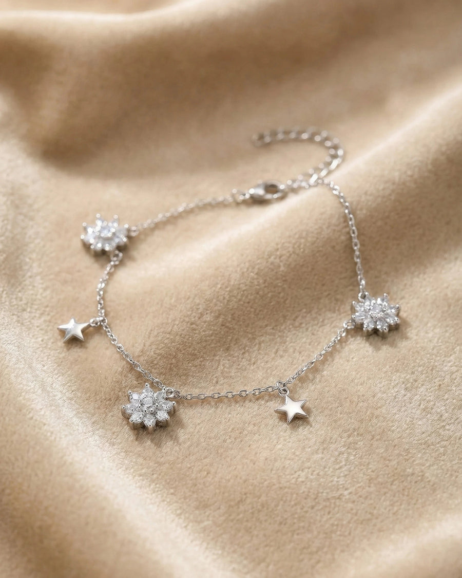 Celestial Star & Blossom Charm Bracelet – 925 Sterling Silver